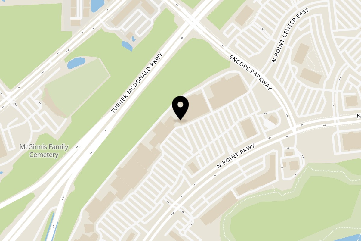 Map showing the location of Express Burger & Mediterranean Grill on 7291 North Point Pkwy #1700 in Alpharetta